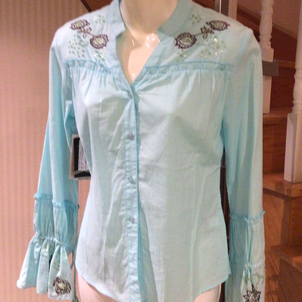 NWT long sleeve boho shirt with sequence and pearl design